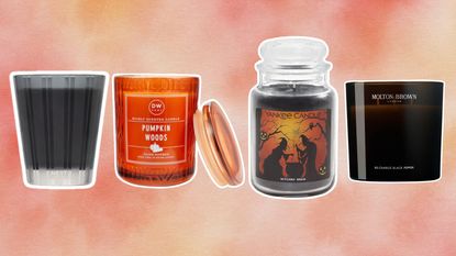 Best home fragrances for fall on orange background with Nest NY, DW Home, Yankee and Molton Brown candles